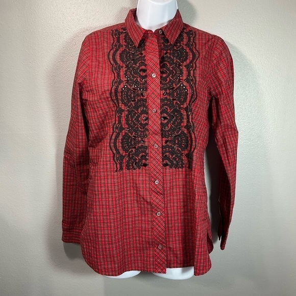 J. Crew Tartan Plaid Ruffled Embellished Buttondown Shirt Red Size 4 T110 - Picture 2 of 10